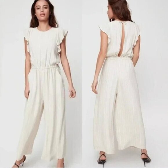 Aritzia Wilfred Fleurette Ruffled Wide Leg Jumpsuit Striped Cream Size Small - Picture 2 of 9